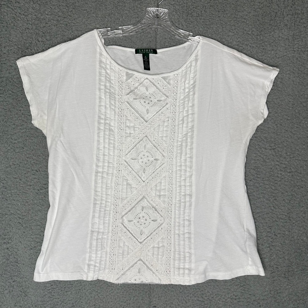 Lauren Ralph Lauren White Cotton Eyelet Lace Pintuck T-Shirt XL Scoop Neck Top